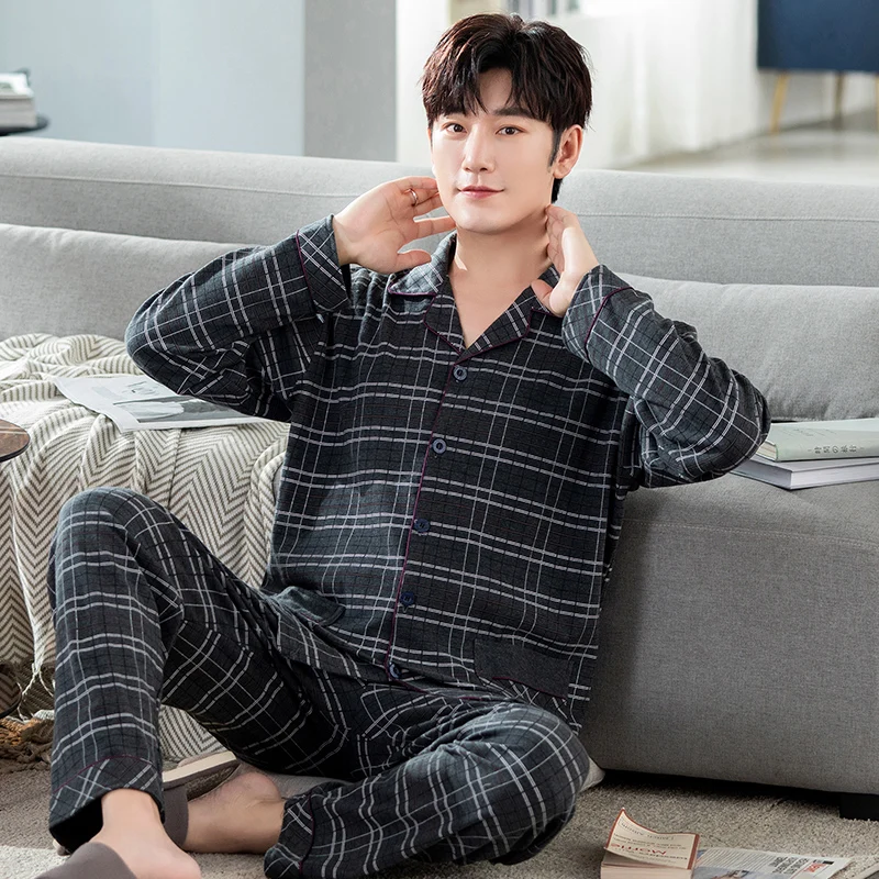Man Pajamas Set Men Pyjama Set Full Cotton Spring Long Sleeve Print Men Pajama Suit Autumn Nightwear Collar Pijama Male Sleepwear Two Piece 4XL