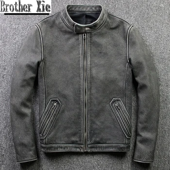 

FREE SHIPPING 2020 Vintage Men Slim Biker Cow Leather Jacket Plus Size XXXXL Genuine Cowhide Spring Russian Short Leather Coat