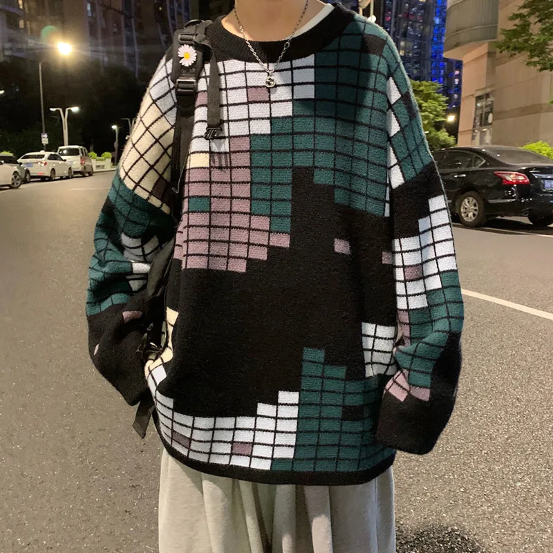 

2020 Autumn And Winter New Youth Popular Loose Men's Color Matching Printed Sweater Fashion Casual Round Neck Bottoming Shirt