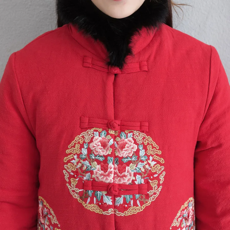 

Su Yi Embroidery Winter Ethnic-Style Cotton-padded Clothes Rabbit Fur Three-quarter-length Sleeve Thick Coat Middle-aged Cotton-