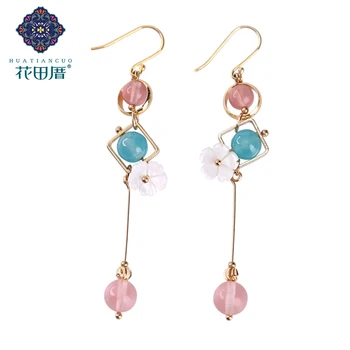

Pink Artificial Crystal Bead Blue Stone Bead Cute Dangle Earring White Shell Flower Gold Plated 925 Silver Woman Jewelry EZ18038