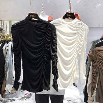 

2020 Spring Fashion Round Neck Pleat Long-sleeved Slim Fit Basic Shirt Pullover T-shirt Women's Shirt Ladies Tops