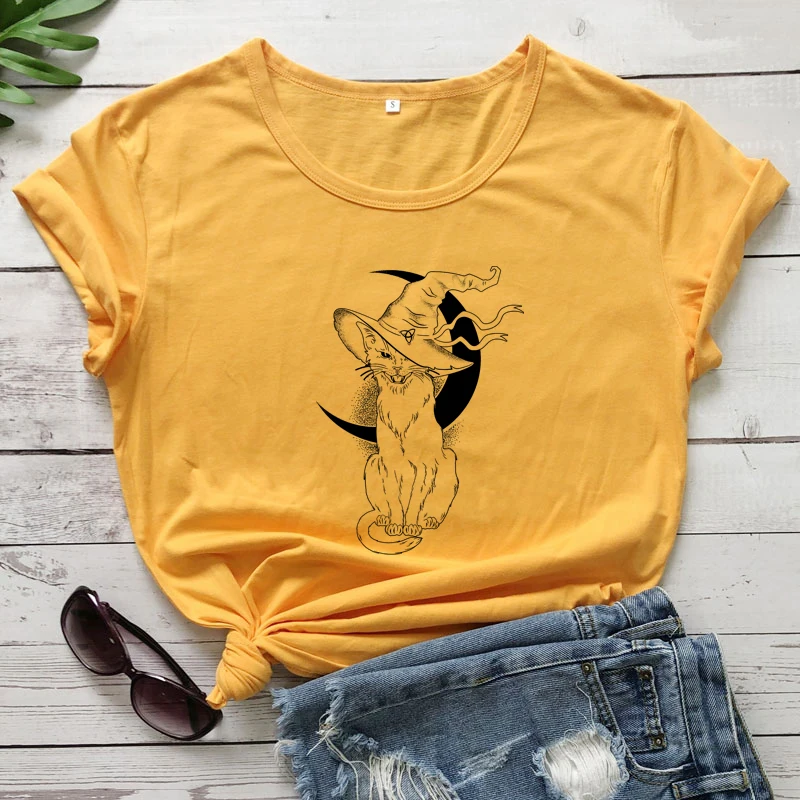 céu lua gato bruxa camiseta estética mulher wiccan gótico tshirt vintage halloween gráfico camiseta topo