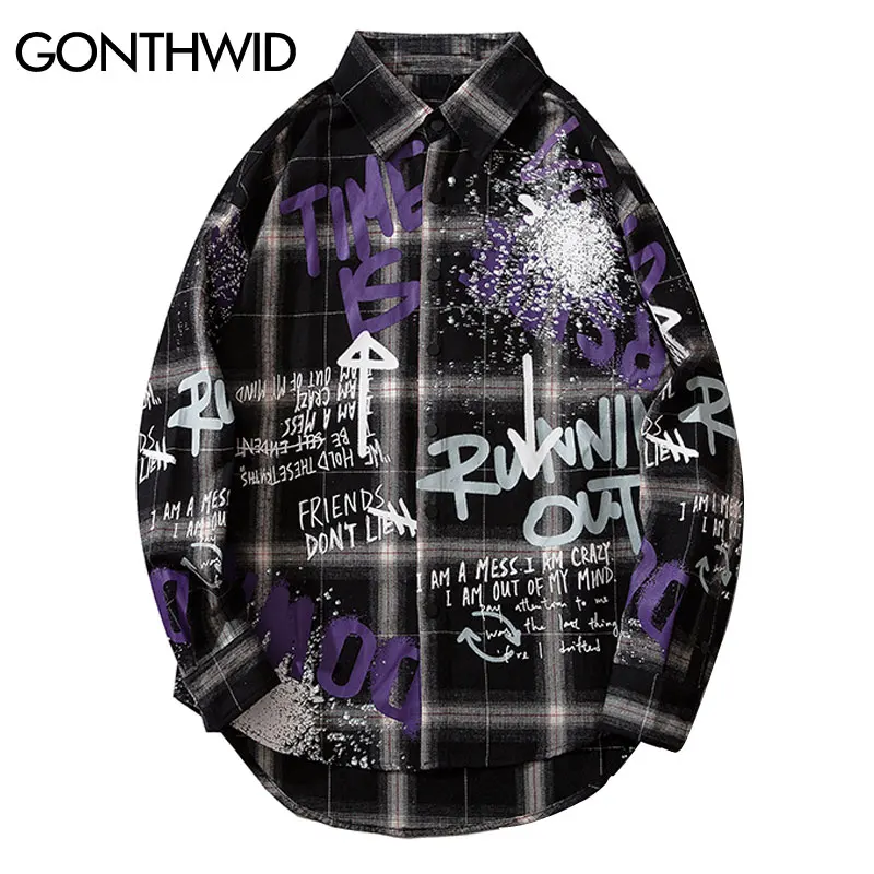 GONTHWID/клетчатые рубашки с длинными рукавами с принтом граффити и чернилами в стиле хип-хоп, платье для хипстера, рубашки, пальто, уличная мода, повседневные топы рок в стиле панк
