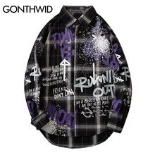 GONTHWID/клетчатые рубашки с длинными рукавами с принтом граффити и чернилами в стиле хип-хоп, платье для хипстера, рубашки, пальто, уличная мода, повседневные топы рок в стиле панк