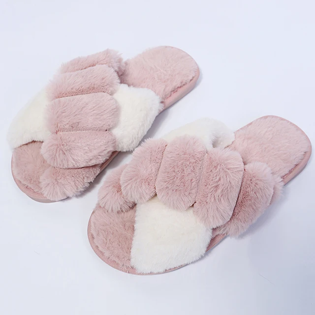 Winter Women House Slippers Faux Fur Fashion Warm Shoes Woman Slip on Flats Female Slides Black Pink cozy home  furry slippers Splicing pink