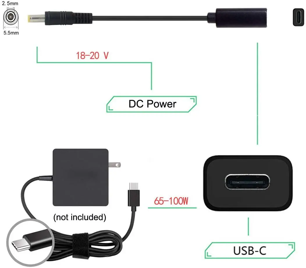 Charging Cable USB Charging Cable Type C USB-C Female Input to DC 5.5*2.5mm male Power PD Charge Cable fit for Laptop 18-20V (5.5x2.5mm)