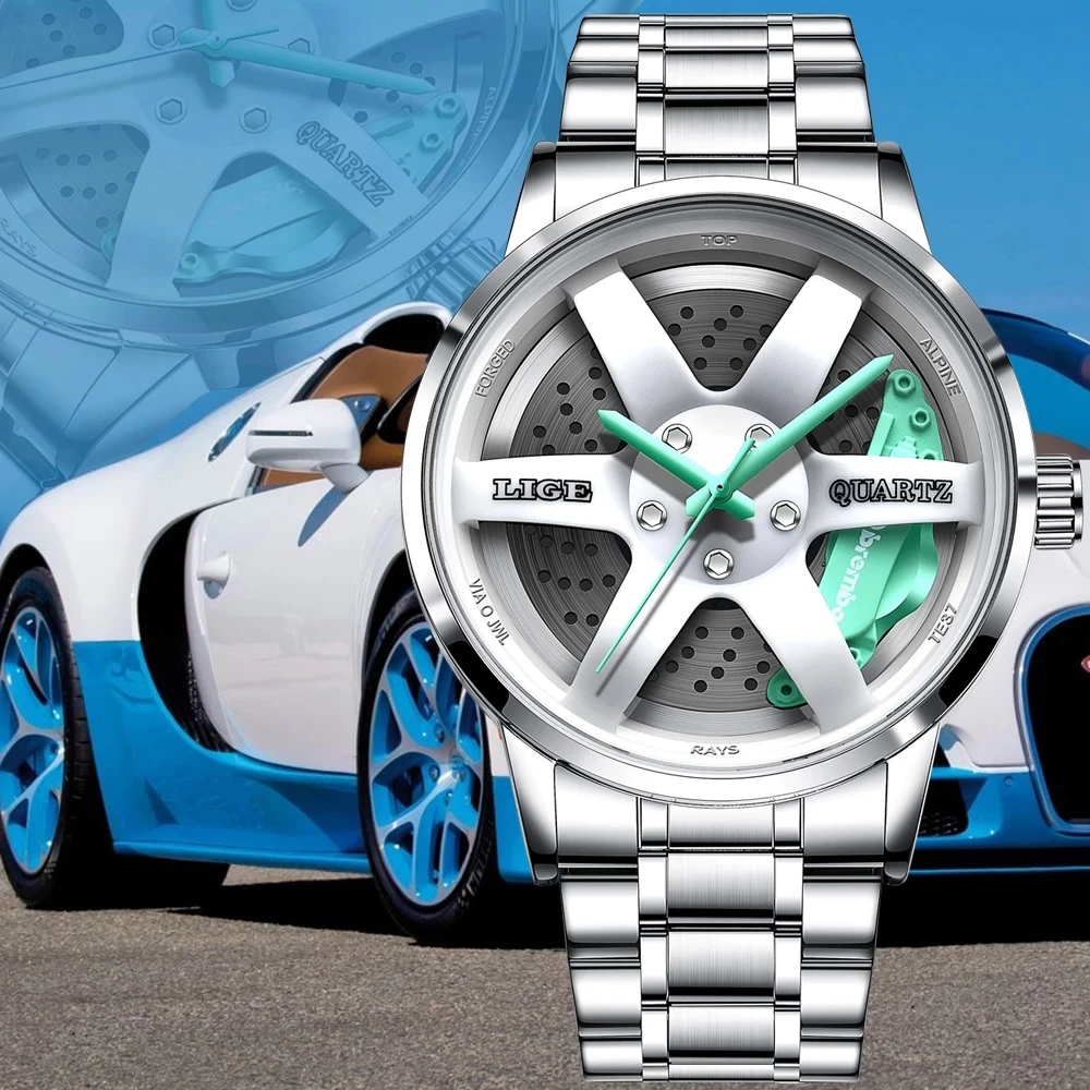 

LIGE Men Car Wheel Watch Fashion Waterproof Sport Watch Men's Quartz Rim Hub Watch Run Men Quartz wristwatch Relogio Masculino