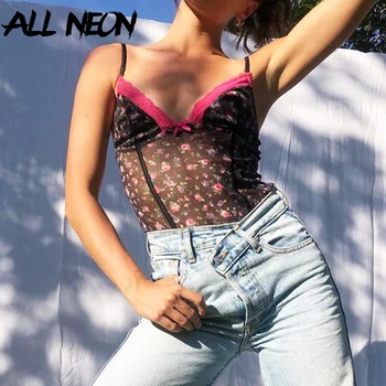 

ALLNeon E-girl Sweet See Through Deep V-neck With Lace Floral Crop Tops 90s Vintage Patchwork Backless Black Y2K Mesh Camis Top