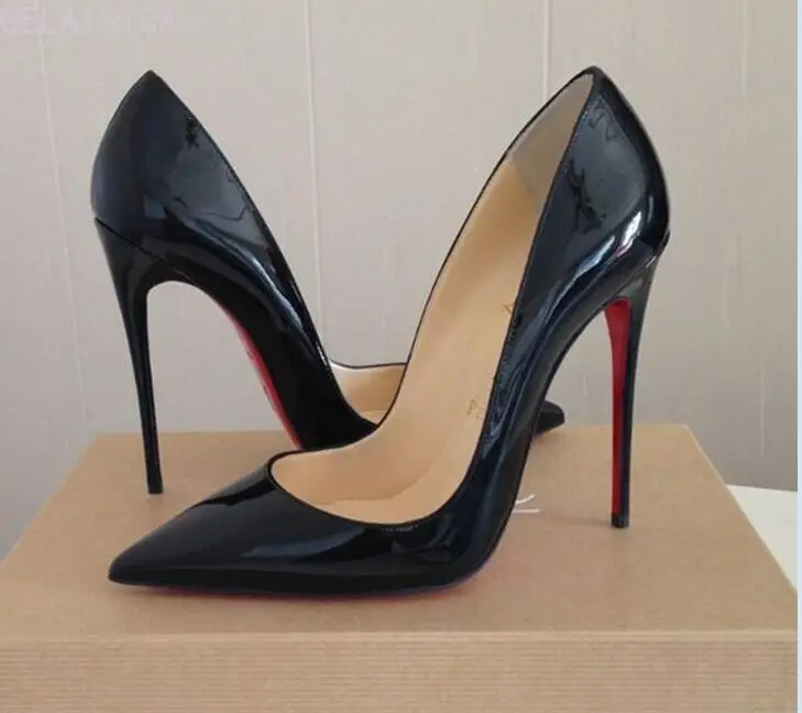 

2020 Pumps Brand Women High Heel Shoes Red Shiny Bottom Black/nude Patent Leather Red Wedding Shoes Thin Heel 34-44 Without Box