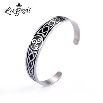 

LIKGREAT Wicca Symbol Triskel Men Bangles Religious Charm Irish Celtics Knot Vintage Stainless Steel Bangle Jewelry pulseras