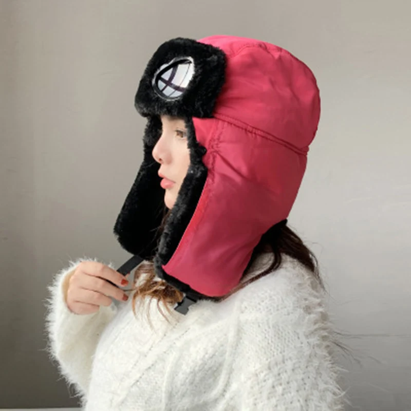 Зимние теплые шапки-бомберы для женщин и мужчин, ветрозащитная Лыжная шапка с ушками и маской, очки пилота, уличные теплые шапки, шапка охотника - Цвет: Hot pink
