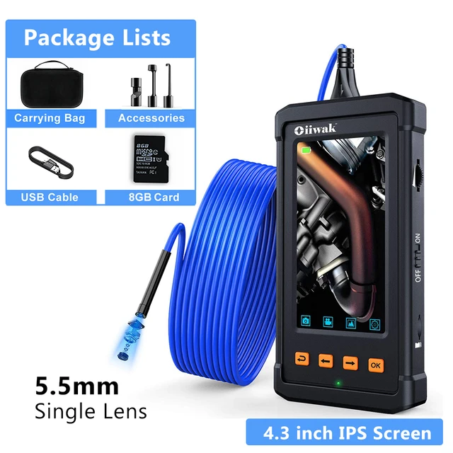 Oiiwak 1080P Endoscope Camera 5mm/8mm Dual lens Borescope Pipe Inspection Camera 5.18in Screen IP67 Surveillance Video Camera 5.5mm Single Lens
