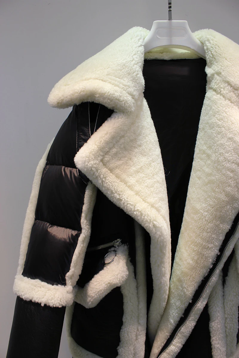 Женское зимнее роскошное модное пальто из овечьего меха с белым утиным пухом