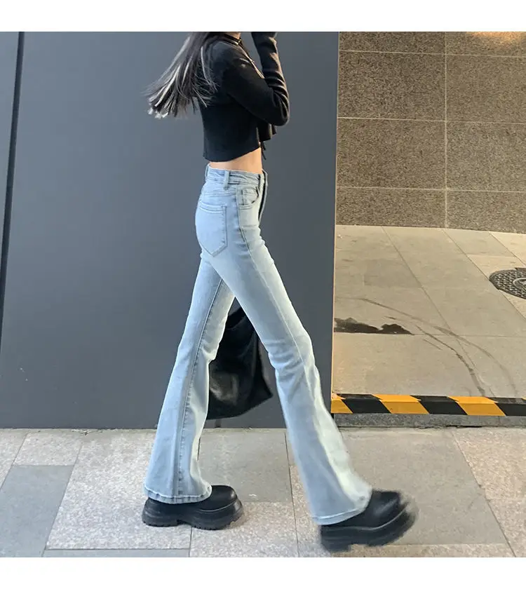 Women's Vintage High Waist Trumpet Full Length Jeans Female Lady Streetwear Elastic Slim Denim Flare Boot Cut Pants For Women wide leg jeans