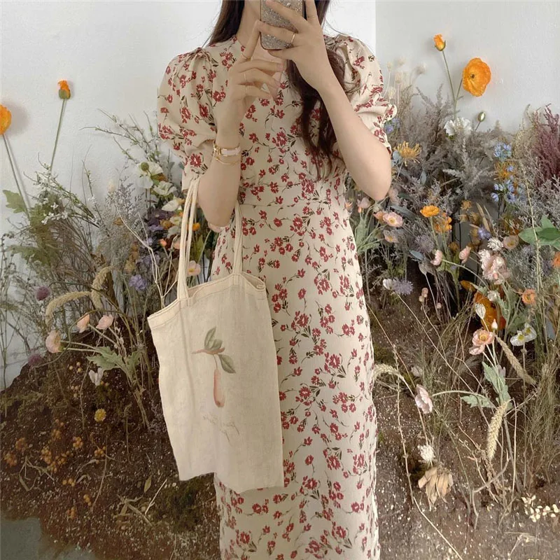 2020 Summer Fashion Chiffon A Line Dresses Korean V-Neck Lace Up Dress Female Vintage Chic Puff-Sleeve Floral Print Dress Female