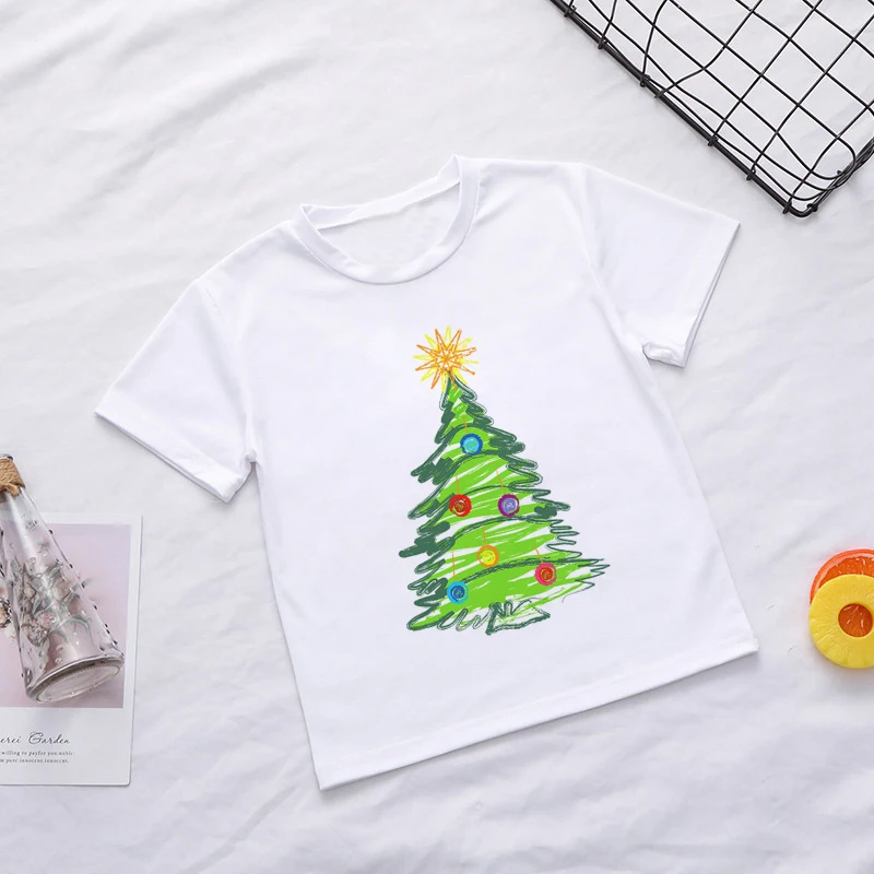 НОВАЯ РОЖДЕСТВЕНСКАЯ рубашка милые детские футболки для мальчиков с изображением дерева и звезды модная футболка для девочек футболка для отдыха с круглым вырезом в стиле Харадзюку - Цвет: 565