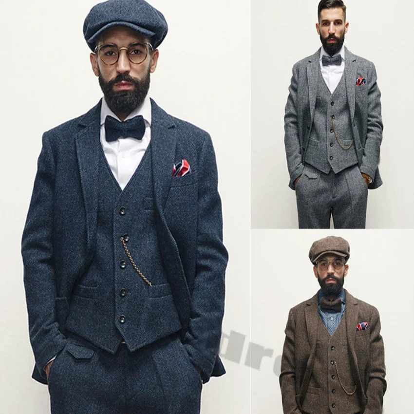 2020-Mens-Blue-Grey-Coffee-3-Piece-Tweed-Suit-Herringbone-Classic-Wool-Notch-Lapel-Vintage-Retro