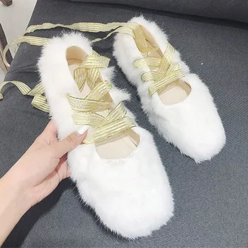 

Glitter Riband Rabbit Fur Flats Women Winter Plush Dancing Shoes Women Espadrilles Furry Ballerina Lace Up Fur Moccasins 2020
