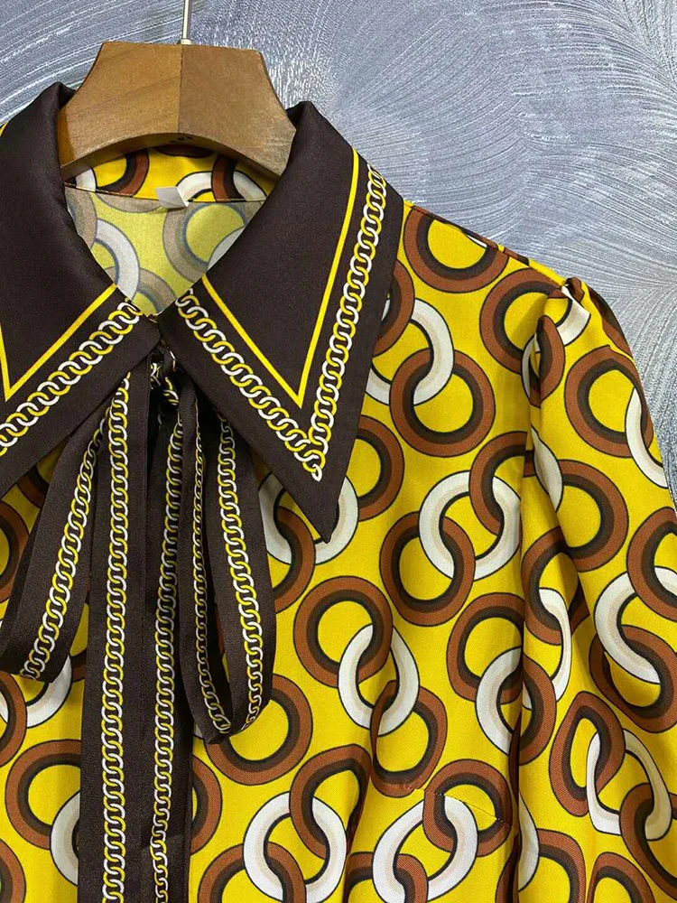 SEQINYY Yellow Midi Dress 2020 Early Autumn Spring New Fashion Design Women Long Sleeve Vintage Print Shirt Dress Casual