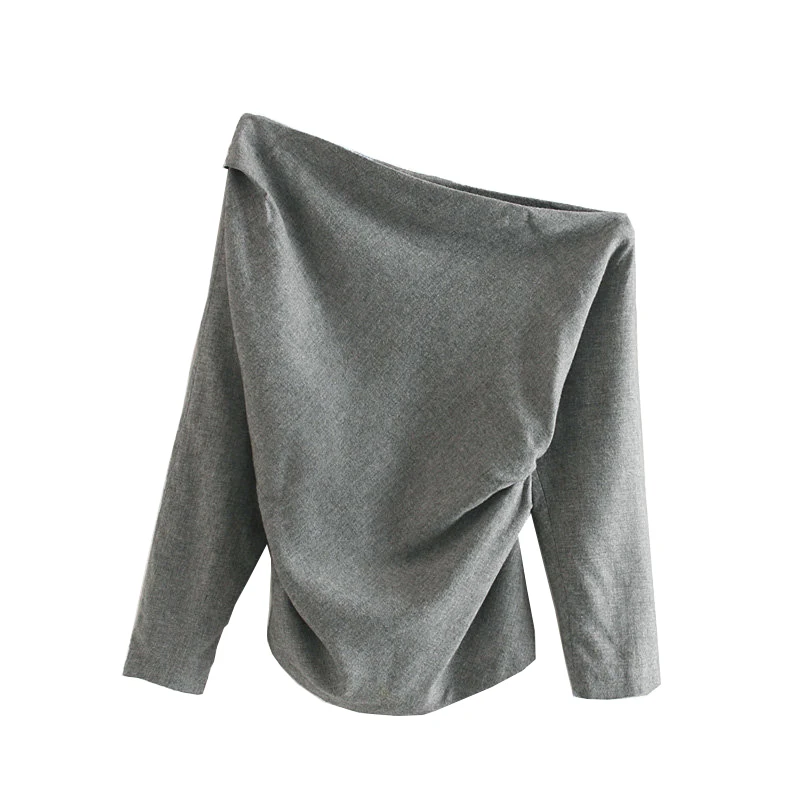 Винтажный стильный Асимметричный вырез плиссированные блузки для женщин мода длинный рукав молния сбоку женские рубашки Blusa Mujer шикарные топы - Цвет: as picture