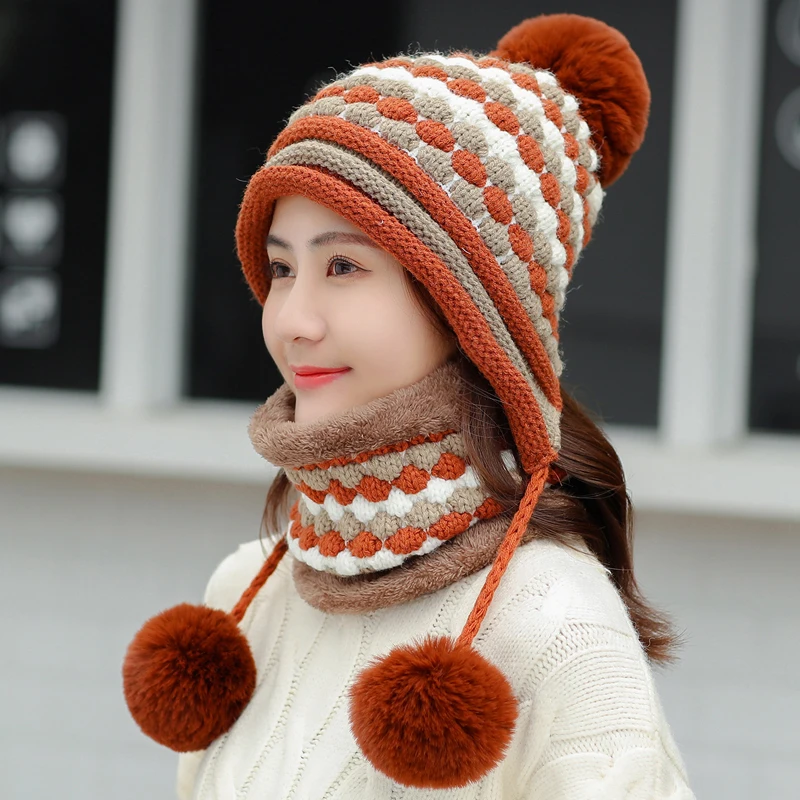Утепленные лыжные белая шапка для девочек, Новые Модные Меховые помпоны, зимние женские шапки-бини, женские шапки, теплый шарф+ вязаная шапка, комплект
