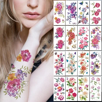 

Pink Rose Peony Flowers Body Art Chest Water Transfer Waterproof Temporary tattoo Girl Waist Bracelet Flash Tatoo
