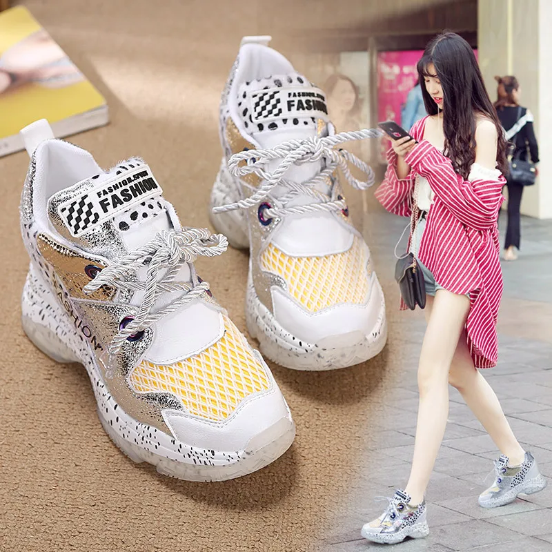 

Fashion Mesh Casual Women's Shoes New Color Matching Super High Heel Thick Bottom Comfortable Breathable Sports Lace-up Shoes