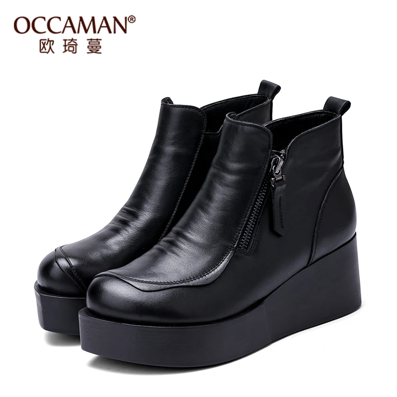 

Winter Autumn Warm Thicken Platform Genuine Leather Plush Waterproof Zipper Trendy Martin Boots 71037