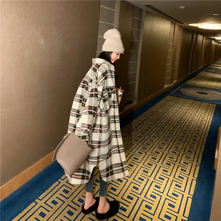 Women Elegant Woolen Coat Plaid Print Wool Turn Down Collar OG0696