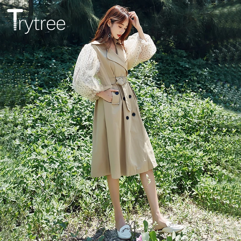 Rytree, Осеннее Женское пальто, повседневное, Сетчатое, в горошек, с пышными рукавами, из кусков, с отложным воротником, Тренч с поясом, для офиса, леди, до середины икры, пальто А-силуэта