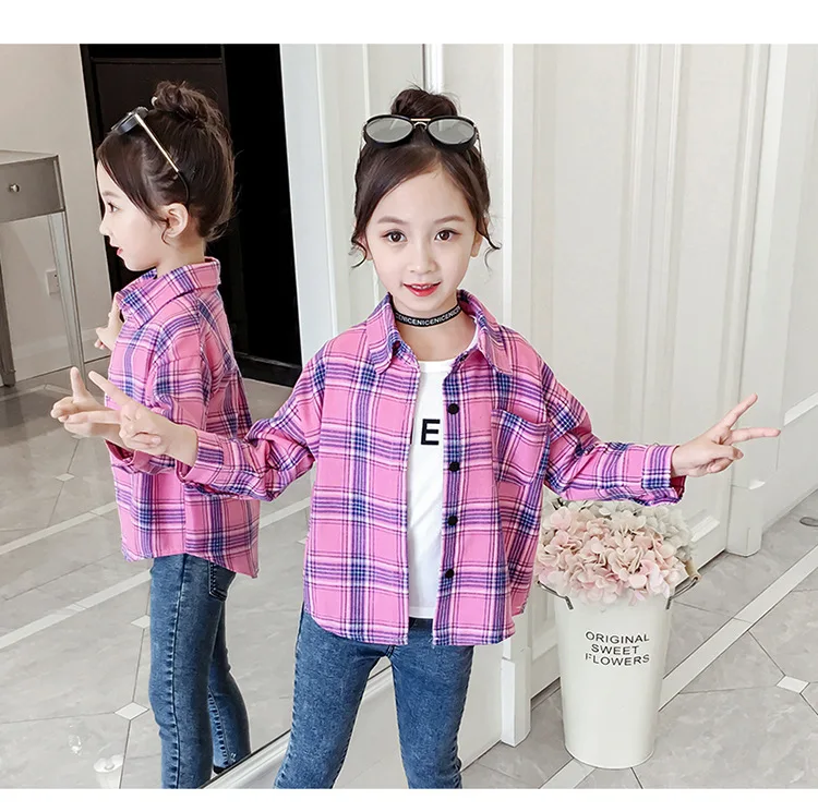 Клетчатая рубашка для девочек г. Осенняя одежда в Западном и корейском стиле стиль, модная детская одежда с длинными рукавами для маленьких девочек
