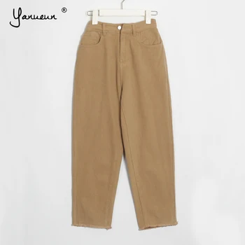 

Yanueun Women Loose Pants High Waist Pockets Zipper Solid All Base Match Causal Jeans Hot Fashion Trousers 2019 Autumn Winter