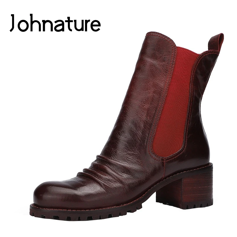 Johnature; Новинка года; зимние ботинки на платформе; женская обувь из натуральной кожи; ботильоны в стиле ретро с круглым носком на квадратном каблуке с эластичной лентой