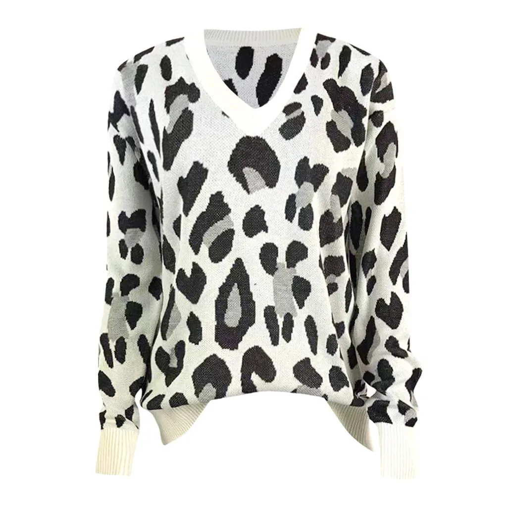 Jaycosin Fashion Casual Lady Leopard Sweater Chic Stylish Comfortable Soft Elegant Loose V-Neck Fit Tops Blouse sweater