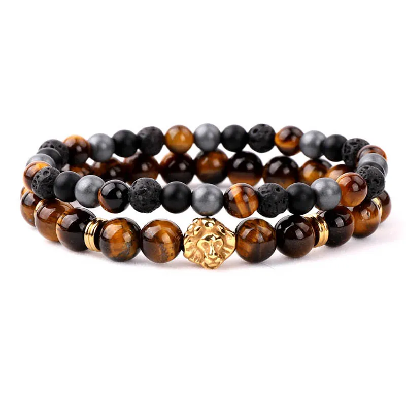 

Unique Design Mix Natural Stone Tiger Eye Lava Rock Stone Matte Onyx Stainless Steel Lion Beaded Bracelet Set Men