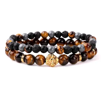 Unique design mix natural stone tiger eye lava rock stone matte onyx stainless steel lion beaded bracelet set men