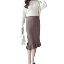 Women Midi Skirt High Waist Vintage Office Lady Kintted Cotton Faldas Sexy Female Trumpet Skirts Saia jupe Autumn Skirt