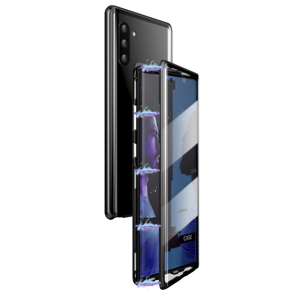 Black 1 Магнитный чехол из закаленного стекла для iPhone 11 Pro X XS MAX XR 7 8 Plus, магнитный металлический бампер для samsung Galaxy Note 10 Plus - Цвет: Black 1