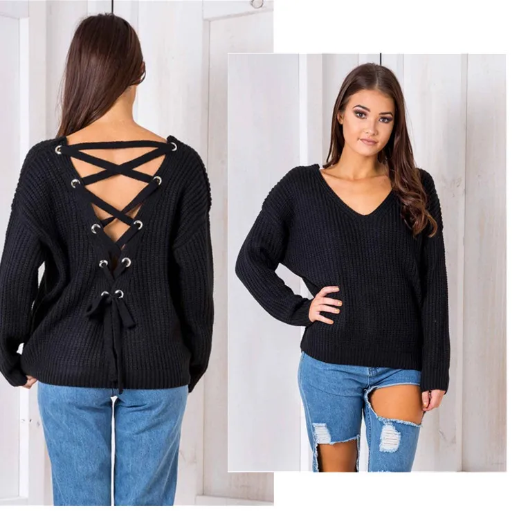 

Winter 2020 New Sexy Open Back Knitted Pullover Fashion Lace Up Autumn Sweater Women Top