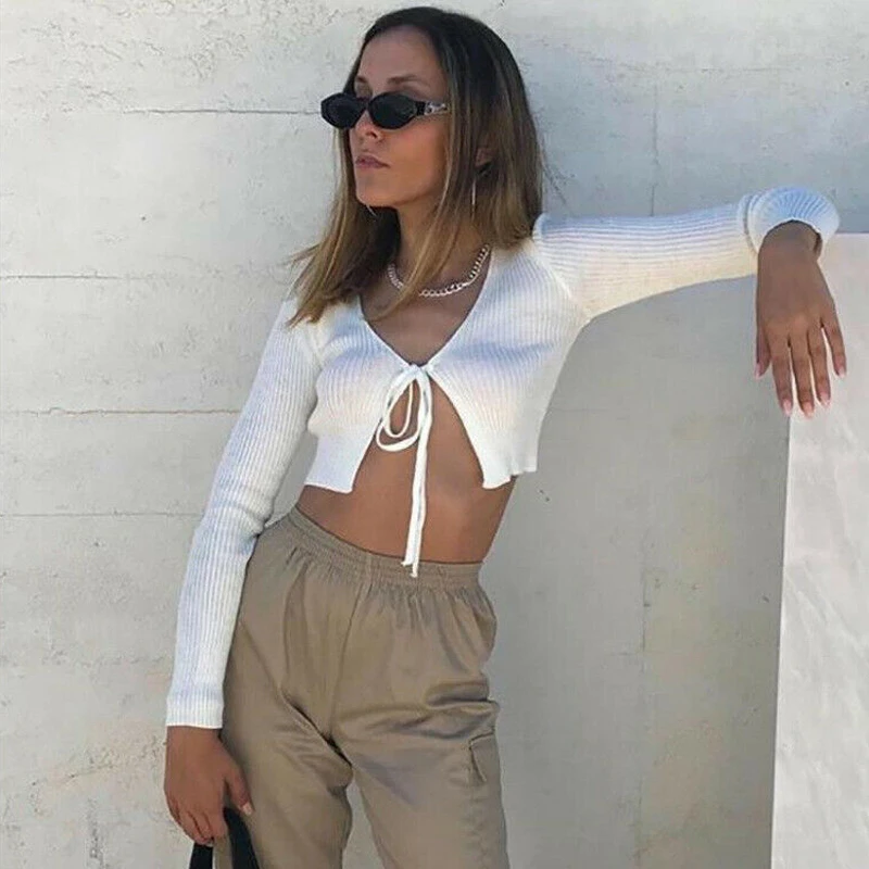 

Womens Knit V-Neck Crop Top Long Sleeve Lace-Up Bow Open Lady Cardigan Solid Tops Blouse arrival Sexy Clothes NEW