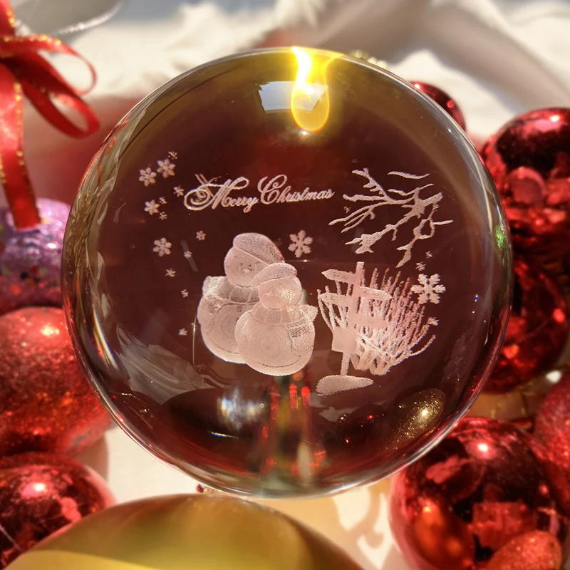 H& D 80 мм Хрустальный шар с подставкой декоративное пресс-папье 3D лазерная гравировка Снеговик стеклянный шар Сфера домашний Декор Рождественский подарок
