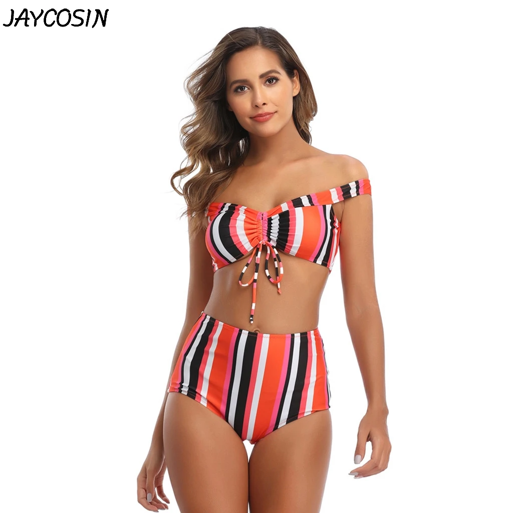 セクシーなレディース水着プッシュアップソリッドオフショルダー入りブラジャーストライププリントスリップ水着水着ジャンプスーツ夏 Biquini Mujer F ビキニセット Aliexpress