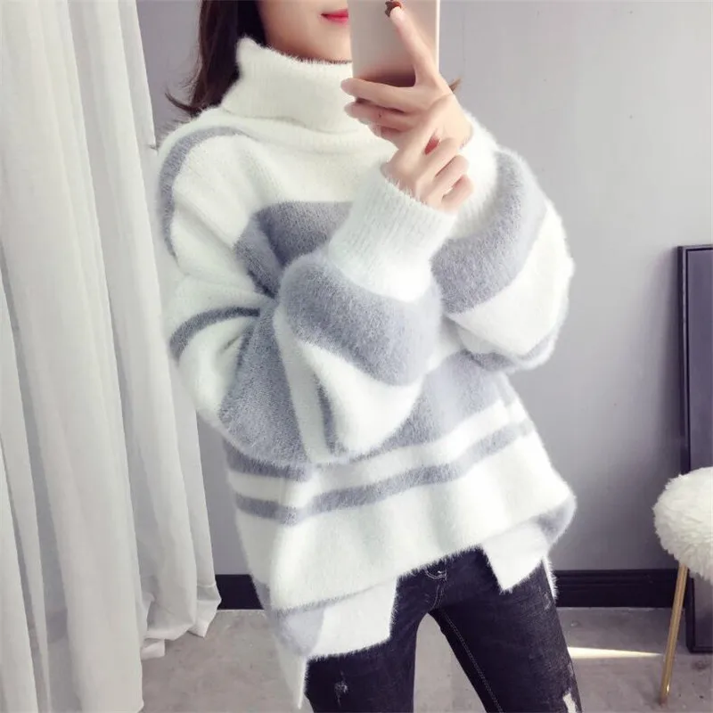 2020 High Neck Sweater Female Striped Long Sleeve Loose Hooded Imitation Water Velvet Top Autumn and Winter New Bottoming Shirt