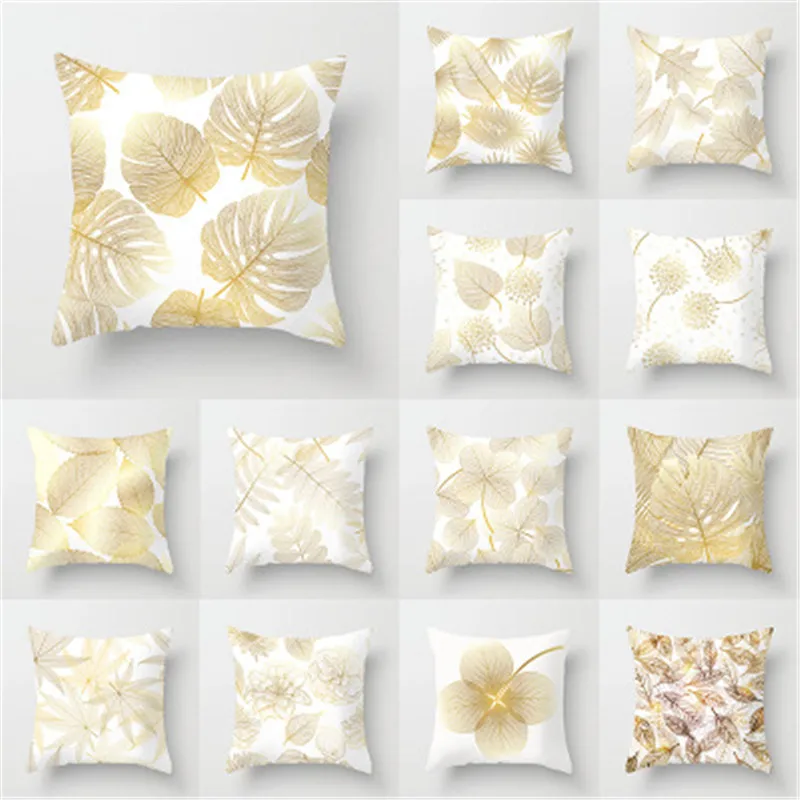 

Gold Leaves Printed Monstera Plants Polyester Cushion Cover Decorative Throw Pillow Covers Cushions Decor Flowers Pillow Case