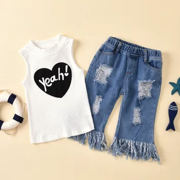 

2Pcs Kid Girls Sets Sleeveless Top+Tassel Jeans Denim Pants Toddler Baby Kids Outfits Set Clothes Fashion Girls Letter Print D30