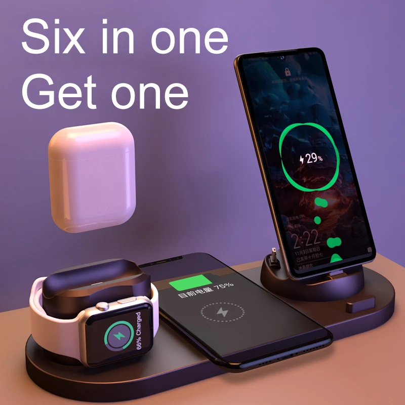 EXPUNKN Wireless Charger 6 in 1 10w Qi Fast Stand Carga Rapida Carregador Sem Fio for Iphone Apple Watch Airpods