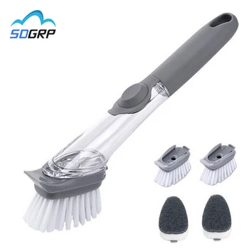 

Kitchen cleaning tools 2 in1 long handle cleaning brush,with brush Automatic Liquid Addition sponge dispenser dishwashing brush
