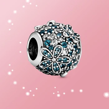 

Pave flower round beads Sparkling blue CZ 925 Sterling silver charm for women original Pandora bracelet fine jewelry 2020 NEW