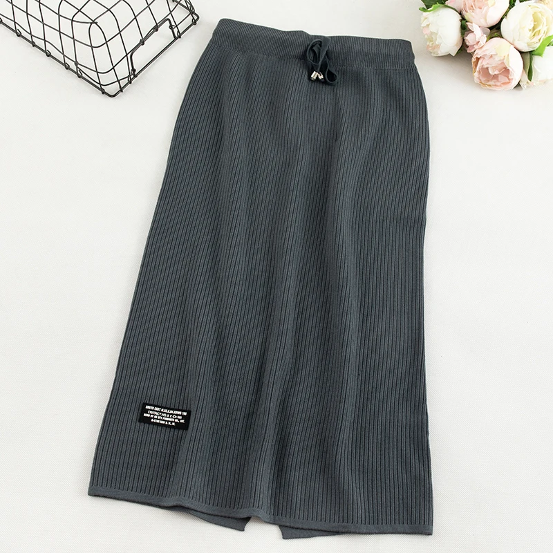 SINGRAIN Женская трикотажная юбка-карандаш с разрезом, эластичная высокая талия, теплая облегающая юбка, повседневная Корейская зимняя миди длинная юбка-свитер